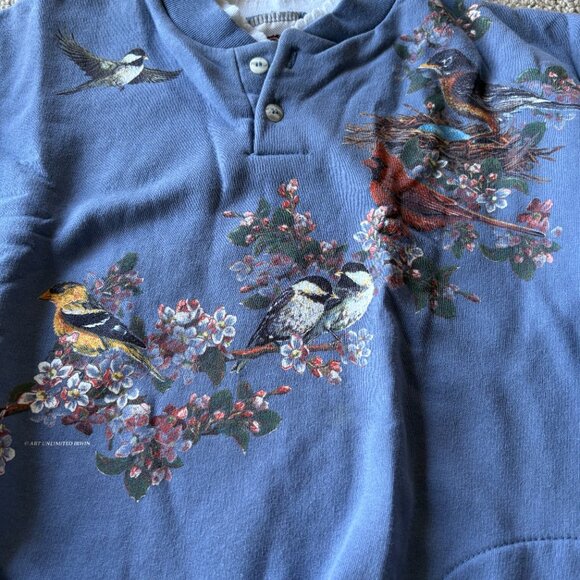 Vintage Art Unlimited Bird Sweatshirt | 80s Blue Button Neck | Cottagecore | L - Picture 2 of 14